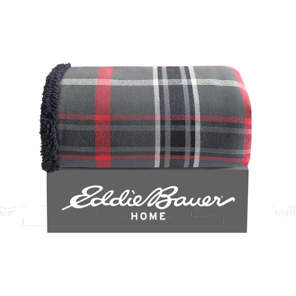 imageEddie Bauer  Blanket Super Soft Reversible Sherpa ampamp Brushed Fleece Bedding Throw Blankets for Couch Ideal for Lounging Mountain Tartan RedWinslow CharcoalRed